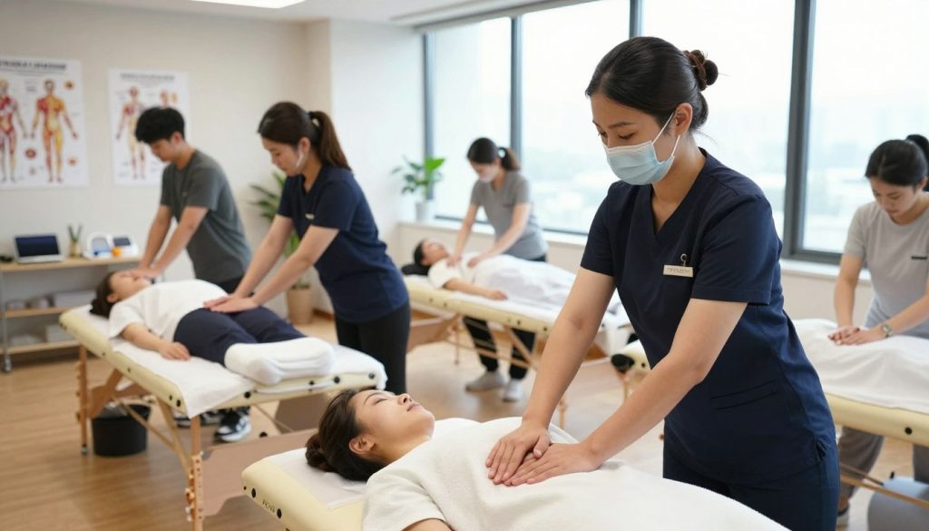 A professional massage training session at Butik Masaj Akademi, set in a modern, well-lit classroom. In the foreground, a focused instructor demonstrates a massage technique on a student lying on a massage table, both dressed in professional attire. The middle ground features attentive trainees practicing techniques on each other, showcasing diverse individuals engaged in learning. In the background, large windows allow natural light to flood the room, illuminating anatomical charts and massage equipment neatly arranged. The atmosphere is calm and focused, conveying a sense of professionalism and dedication. The angle captures the instructor's gesture emphasizing a technique, highlighting the educational environment.