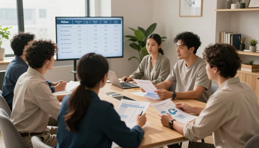 A professional office space featuring a group of diverse massage therapists engaged in a roundtable discussion, analyzing market research on pricing strategies. In the foreground, two therapists in smart casual attire examine charts and graphs representing pricing data. In the middle, a large digital display shows comparative prices from various competitors. The background reveals a cozy yet modern office environment with soothing colors and natural light streaming through windows. The mood is focused and collaborative, reflecting professionalism and intent. Soft shadows and bright highlights create a dynamic atmosphere. Include the brand name "Butik Masaj Akademi" subtly integrated into the office design, ensuring no text overlays or distractions.