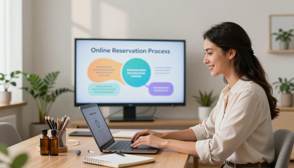 A professional, serene online training session for massage therapist reservation systems, set in a well-lit, modern home office. In the foreground, a female instructor, dressed in smart casual attire, demonstrates techniques on a laptop, with a welcoming smile. On the desk, various massage oils and a notebook are neatly organized. In the middle, a large screen displays a colorful infographic titled "Online Reservation Process." In the background, light-colored walls and houseplants create an inviting atmosphere. Soft, natural lighting filters through a nearby window, casting gentle shadows. The overall mood is focused yet relaxed, embodying a spirit of professionalism and dedication to customer management training. The brand "Butik Masaj Akademi" is subtly integrated into the room's decor.