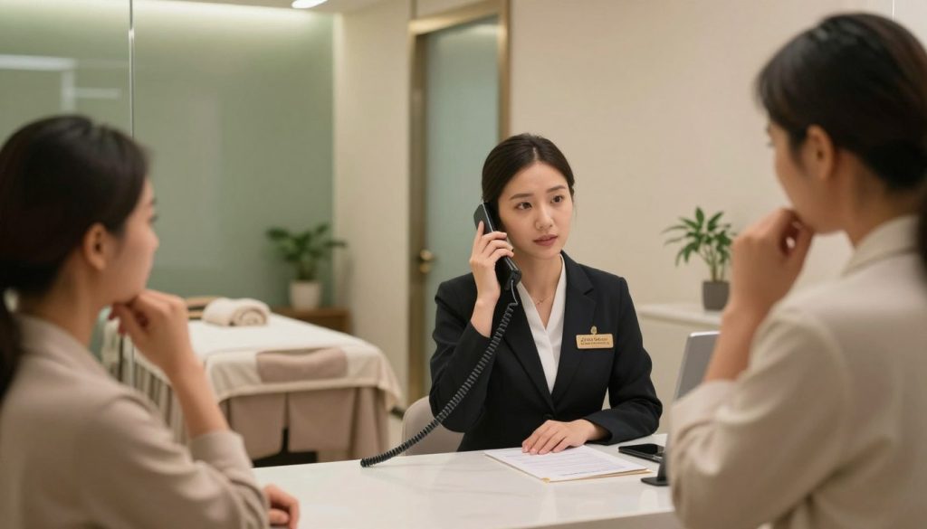 A professional setting featuring a tranquil spa reception area, showcasing elegant decor with soft, ambient lighting. In the foreground, a well-dressed female receptionist sits at a sleek desk, her expression focused yet welcoming, engaging with a customer via a phone call. The customer, depicted from a slight angle, appears contemplative and concerned, emphasizing the theme of communication errors. In the middle ground, a peaceful massage room can be seen through a glass partition, hinting at relaxation and care. The background features soothing tones of green and beige, with subtle hints of nature, creating an atmosphere of calm. This image should embody the professionalism of "Butik Masaj Akademi," emphasizing the importance of clear communication in customer relations. A professional setting featuring a tranquil spa reception area, showcasing elegant decor with soft, ambient lighting. In the foreground, a well-dressed female receptionist sits at a sleek desk, her expression focused yet welcoming, engaging with a customer via a phone call. The customer, depicted from a slight angle, appears contemplative and concerned, emphasizing the theme of communication errors. In the middle ground, a peaceful massage room can be seen through a glass partition, hinting at relaxation and care. The background features soothing tones of green and beige, with subtle hints of nature, creating an atmosphere of calm. This image should embody the professionalism of "Butik Masaj Akademi," emphasizing the importance of clear communication in customer relations.