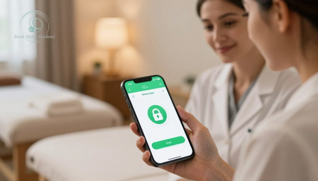 A professional setting focused on customer data security during WhatsApp communication. In the foreground, a smartphone displaying a secure messaging interface, with a lock symbol representing privacy. The middle ground features a reassuring therapist, dressed in professional attire, showing careful attention to the device. In the background, there are blurred elements of a cozy massage therapy room, including soft lighting that creates a calming atmosphere. The color scheme is soothing, with warm tones that evoke trust and security. A subtle logo of "Butik Masaj Akademi" can be integrated into the design, emphasizing professionalism. The overall mood is one of safety and confidence, highlighting the importance of customer data protection.