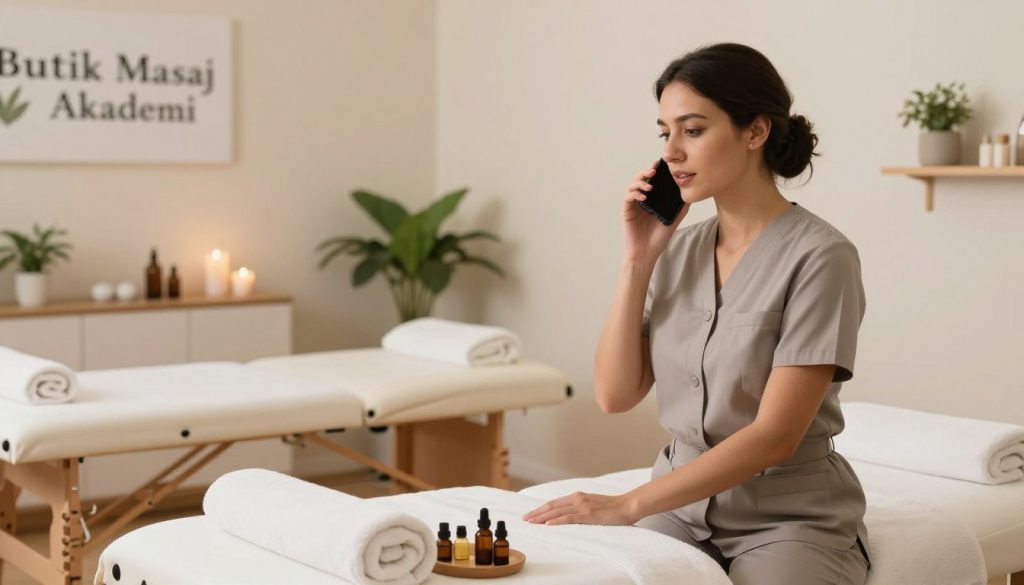 A professional setting for a massage therapy interaction, featuring a clean, welcoming space with soft, warm lighting. In the foreground, a well-dressed massage therapist in smart casual attire, engaging in a respectful and attentive conversation on a smartphone, reflecting a professional approach to client communication. The middle ground shows a modern massage table with calming decor, including soft towels and aromatic oils, creating a serene atmosphere. The background displays a well-organized treatment room with plants and gentle colors, enhancing the relaxing vibe. The overall mood is inviting and professional, emphasizing courteous client communication in the wellness industry. The brand "Butik Masaj Akademi" is subtly integrated into the decor, maintaining a cohesive look without direct branding. A professional setting for a massage therapy interaction, featuring a clean, welcoming space with soft, warm lighting. In the foreground, a well-dressed massage therapist in smart casual attire, engaging in a respectful and attentive conversation on a smartphone, reflecting a professional approach to client communication. The middle ground shows a modern massage table with calming decor, including soft towels and aromatic oils, creating a serene atmosphere. The background displays a well-organized treatment room with plants and gentle colors, enhancing the relaxing vibe. The overall mood is inviting and professional, emphasizing courteous client communication in the wellness industry. The brand "Butik Masaj Akademi" is subtly integrated into the decor, maintaining a cohesive look without direct branding.