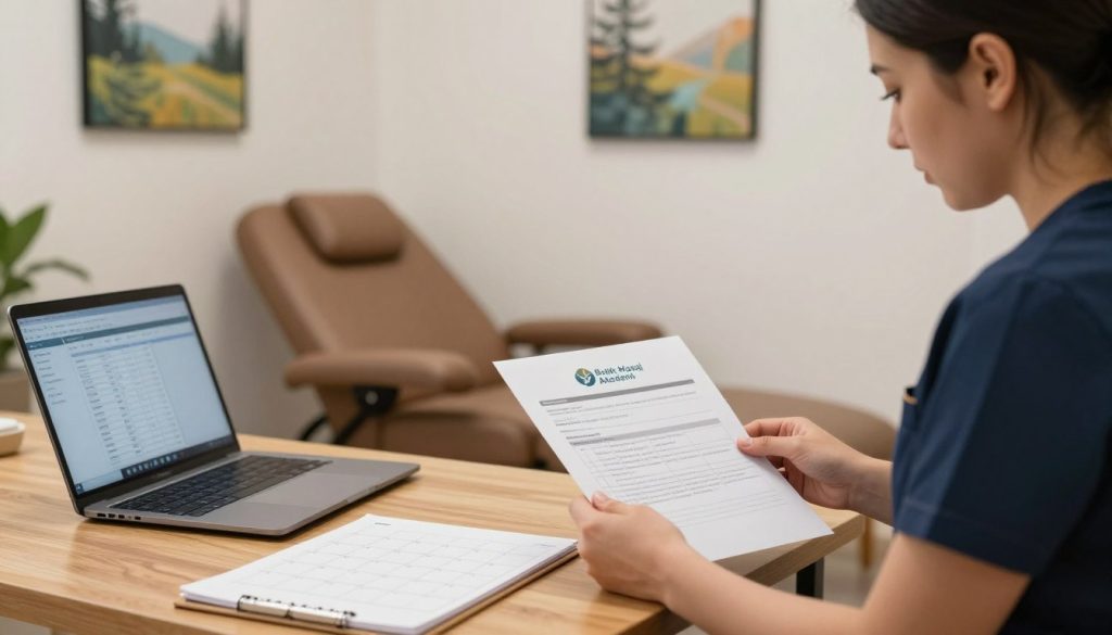 A professional setting in a well-lit therapy room featuring a massage therapist reviewing a cancellation policy document on a wooden desk. In the foreground, place a neatly organized appointment calendar and a laptop open to a scheduling software. The middle ground showcases a cozy therapy chair, with soft ambient lighting creating a calming atmosphere. In the background, a serene wall adorned with soothing nature-inspired artwork adds tranquility to the scene. The therapist, dressed in professional attire, appears focused and attentive, embodying a problem-solving approach. Include the logo "Butik Masaj Akademi" subtly displayed on the document. Emphasize a mood of professionalism, reliability, and dedication to client care.