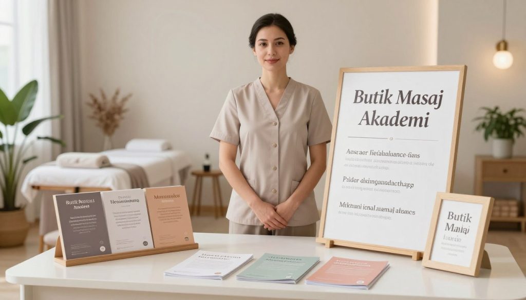 A professional setting showcasing a massage expert’s promotional materials, emphasizing captivating header examples for an article. The foreground features an elegant, well-organized desk adorned with brochures and framed titles in soft, calming colors. In the middle, a confident, poised massage therapist, dressed in modest business attire, stands beside a display board presenting eye-catching headlines that convey expertise and warmth. The background reveals a tranquil, softly-lit therapy room, with soothing decor and natural elements like plants, creating a relaxing atmosphere. The image is bathed in soft, natural light, highlighting the professionalism and welcoming environment of "Butik Masaj Akademi". The overall mood is inviting and serene, aimed at drawing in potential clients seeking massage services.