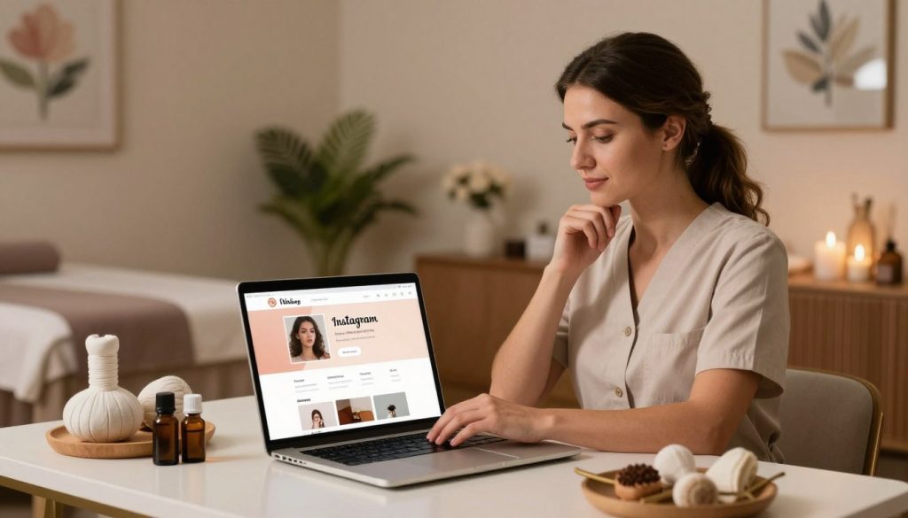A professional spa setting showcasing the essence of a massage therapist's Instagram profile creation. In the foreground, a neatly organized desk features an open laptop displaying an Instagram profile layout, with a soothing color scheme. A set of elegant massage tools and essential oils are artfully arranged nearby, suggesting a serene ambiance. In the middle, a well-groomed professional female massage therapist, dressed in smart casual attire, thoughtfully interacts with the laptop, projecting confidence and expertise. The background reveals soft, ambient lighting illuminating the cozy spa space adorned with plants, calming artwork, and high-end furnishings. The overall mood is tranquil and inviting, reflecting the professionalism of “Butik Masaj Akademi” and the importance of a polished social media presence.