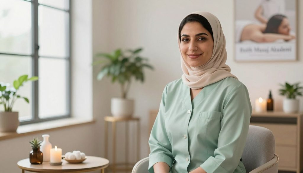 A professional spa therapist portrait, capturing a serene and inviting atmosphere. The therapist, a woman of Middle-Eastern descent, is dressed in smart, modest business attire, featuring calming colors like soft greens and light pastels. She is seated in a well-lit office with natural light streaming through large windows, giving a warm glow to the scene. In the foreground, the therapist is smiling gently, exuding confidence and approachability, while the middle features elegant decor, with plants and subtle spa elements like candles. The background includes soft-focus images of spa treatments, reinforcing the calming ambiance. The photograph should be taken at eye-level, using a shallow depth of field to emphasize the subject while blurring the background. The atmosphere is peaceful and welcoming, perfectly reflecting the essence of “Butik Masaj Akademi.”