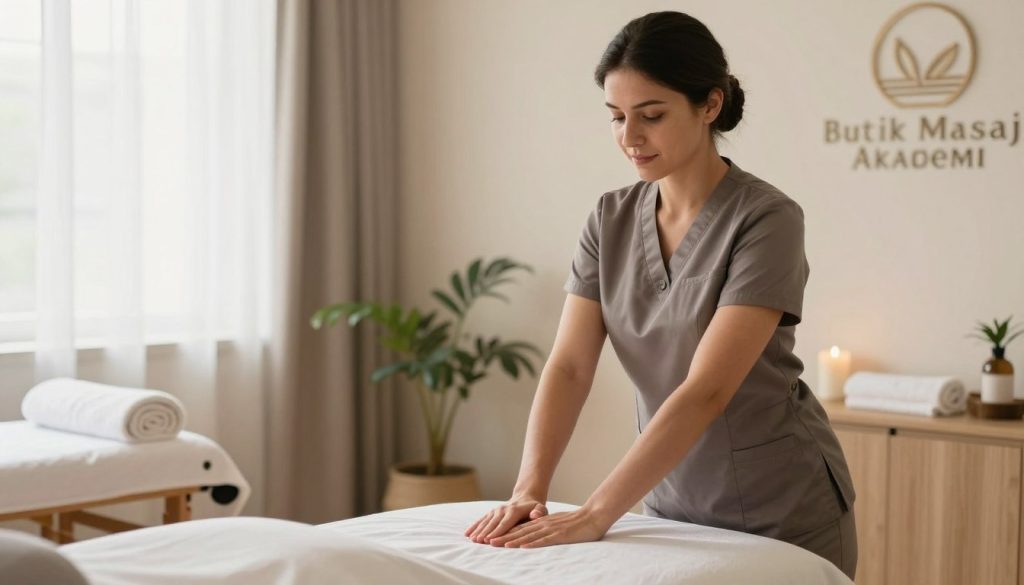 A professional studio setting featuring a skilled massage therapist from "Butik Masaj Akademi". The foreground includes the therapist, a woman with a confident and approachable demeanor, dressed in a smart, modest outfit. She is positioned at a massage table, demonstrating a professional pose with hands thoughtfully placed. The middle ground highlights a softly lit ambiance with gentle, natural light spilling in from a nearby window, accentuating the serene atmosphere. The background includes calming decor elements such as soothing colors, plants, and soft towels, conveying a sense of tranquility and professionalism. The overall mood is warm and inviting, suggesting a relaxing spa environment, with a focus on the therapist's expertise and emotional connection with clients.