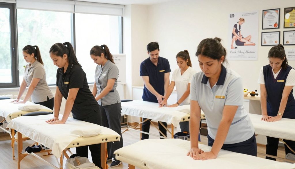 A professional training scene at a massage therapy academy, showcasing the "Butik Masaj Akademi" logo subtly in the background. In the foreground, a group of students in professional business attire, attentively engaged in a hands-on massage workshop, practicing techniques on massage tables. The middle ground features an instructor demonstrating specific techniques, with clear emphasis on a welcoming and educational atmosphere. The setting is well-lit with soft, natural lighting pouring in through large windows, creating a calm and focused mood. The background shows educational materials, such as posters on massage techniques and certificates on the walls, enhancing the theme of learning and certification. The overall composition conveys dedication, professionalism, and the essential process of training and certification in massage therapy.
