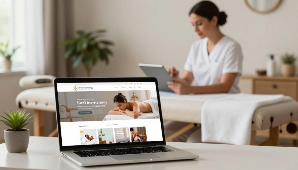 A professional web design interface showcasing a massage therapist's website, emphasizing SEO optimization. The foreground features a laptop on a modern desk, displaying a sleek, user-friendly website layout, with images of massage services, promotional banners, and an SEO analytics dashboard. In the middle, a confident massage therapist in professional business attire is analyzing the website on a tablet, symbolizing business acumen and digital marketing. The background reveals a calming therapy room with soft lighting, plants, and massage equipment, creating a serene atmosphere. The scene is well-lit with natural light, conveying a sense of professionalism and tranquility. Include the brand name "Butik Masaj Akademi" on the website screen subtly, without text overlays.