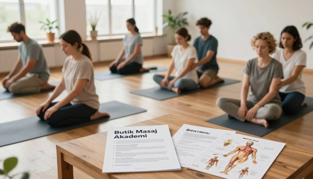 A serene and inviting classroom setting for a holistic massage techniques course, titled "Butik Masaj Akademi". In the foreground, a diverse group of professional individuals, dressed in modest casual clothing, are attentively engaged in a practical session demonstrating various massage techniques on yoga mats. In the middle, detailed educational materials and anatomical diagrams are neatly arranged on a wooden table, highlighting the curriculum content. The background features soft, natural lighting filtering through large windows, creating a calm and tranquil atmosphere complemented by indoor plants. The overall mood is one of focus and professionalism, emphasizing a deep connection to holistic wellness and therapeutic practices, ideal for a massage therapy training environment. A serene and inviting classroom setting for a holistic massage techniques course, titled "Butik Masaj Akademi". In the foreground, a diverse group of professional individuals, dressed in modest casual clothing, are attentively engaged in a practical session demonstrating various massage techniques on yoga mats. In the middle, detailed educational materials and anatomical diagrams are neatly arranged on a wooden table, highlighting the curriculum content. The background features soft, natural lighting filtering through large windows, creating a calm and tranquil atmosphere complemented by indoor plants. The overall mood is one of focus and professionalism, emphasizing a deep connection to holistic wellness and therapeutic practices, ideal for a massage therapy training environment.