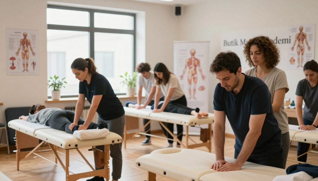 A serene and inviting classroom setting, showcasing a massage therapy certification program in Istanbul. In the foreground, a diverse group of adult learners, dressed in smart casual attire, are engaged in a hands-on massage workshop, practicing techniques on each other on professional massage tables. The middle ground features a large window allowing natural light to flood the space, highlighting educational materials like diagrams of the human anatomy mounted on the walls. In the background, the branding of "Butik Masaj Akademi" is subtly displayed on a banner. The atmosphere is calm and focused, evoking a sense of professionalism and dedication to learning. The composition is captured with a soft focus, emphasizing the warm tones of the setting while maintaining a clear view of the learning environment. A serene and inviting classroom setting, showcasing a massage therapy certification program in Istanbul. In the foreground, a diverse group of adult learners, dressed in smart casual attire, are engaged in a hands-on massage workshop, practicing techniques on each other on professional massage tables. The middle ground features a large window allowing natural light to flood the space, highlighting educational materials like diagrams of the human anatomy mounted on the walls. In the background, the branding of "Butik Masaj Akademi" is subtly displayed on a banner. The atmosphere is calm and focused, evoking a sense of professionalism and dedication to learning. The composition is captured with a soft focus, emphasizing the warm tones of the setting while maintaining a clear view of the learning environment.