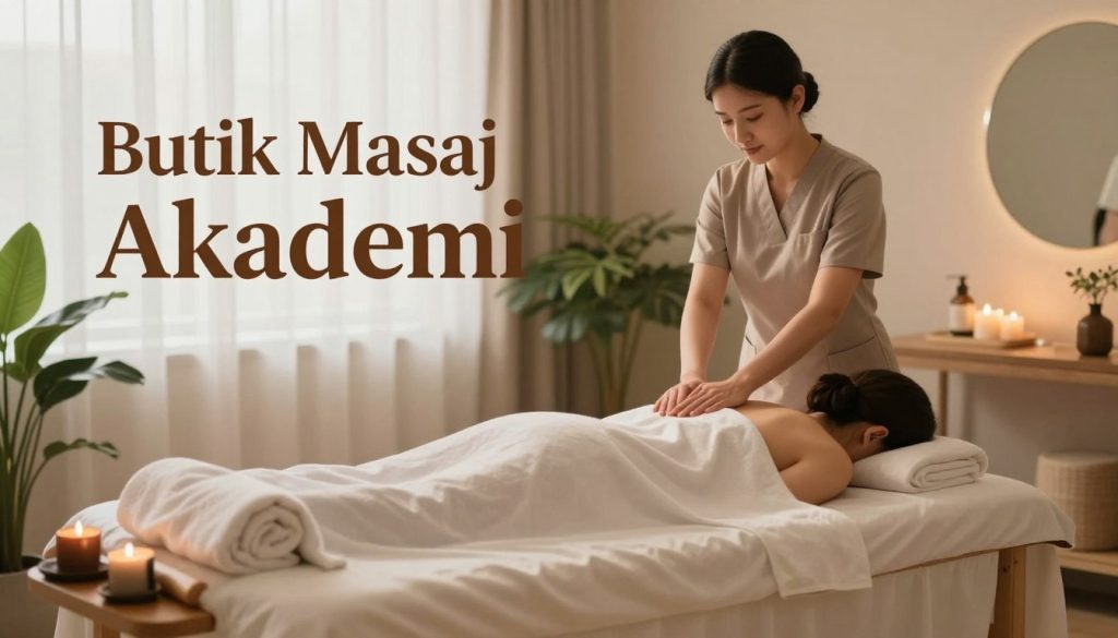 A serene and inviting digital advertisement concept for "Butik Masaj Akademi". In the foreground, a soothing, modern massage room featuring a neatly set massage table with relaxing spa elements such as scented candles and soft towels. The middle ground features a professional therapist, dressed in modest business attire, demonstrating a massage technique on a client who is comfortably covered. The background showcases calming decor with tranquil colors, lush plants, and soft, diffused lighting to create a peaceful atmosphere. The image should feel warm and inviting, evoking a sense of comfort and professionalism. Use a soft-focus lens effect to enhance the soothing vibe, with gentle light filtering in through a window, casting a warm glow on the scene.