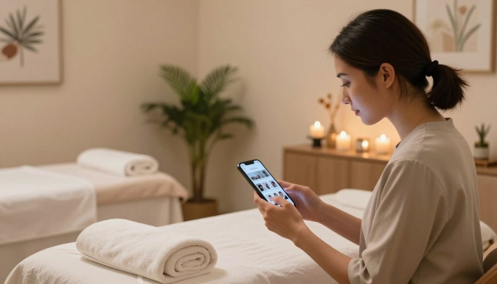 A serene and inviting massage salon environment, showcasing a beautifully arranged treatment room with soft, warm lighting. In the foreground, a professional social media manager is attentively reviewing a smartphone, analyzing visual content strategies. They are dressed in smart casual attire, projecting a calm and composed demeanor. The middle ground features a tranquil massage bed adorned with plush towels and aromatic candles, emphasizing relaxation. In the background, elegant decor elements like potted plants and soothing artwork create a peaceful ambiance. The overall mood is professional yet inviting, reflecting the themes of visual content strategy and social media management for "Butik Masaj Akademi." The focus is on creating a visually appealing atmosphere suitable for online promotion.