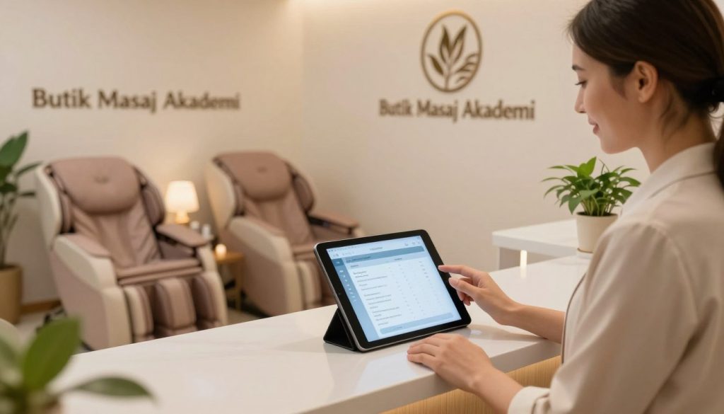 A serene and inviting massage salon setting featuring a well-organized appointment confirmation system. In the foreground, a modern reception desk with a friendly attendant, dressed in professional attire, engaging with a digital tablet displaying an interface for scheduling appointments. The middle ground showcases plush massage chairs and calming decor, including soft lighting and soothing plants, creating a tranquil atmosphere. In the background, a beautifully designed logo reading "Butik Masaj Akademi" is prominently displayed on the wall, enhancing the serene ambiance. The lighting is warm and soft, mimicking natural light for a cozy feel, shot from a slightly elevated angle to capture the entire scene, emphasizing professionalism and relaxation.
