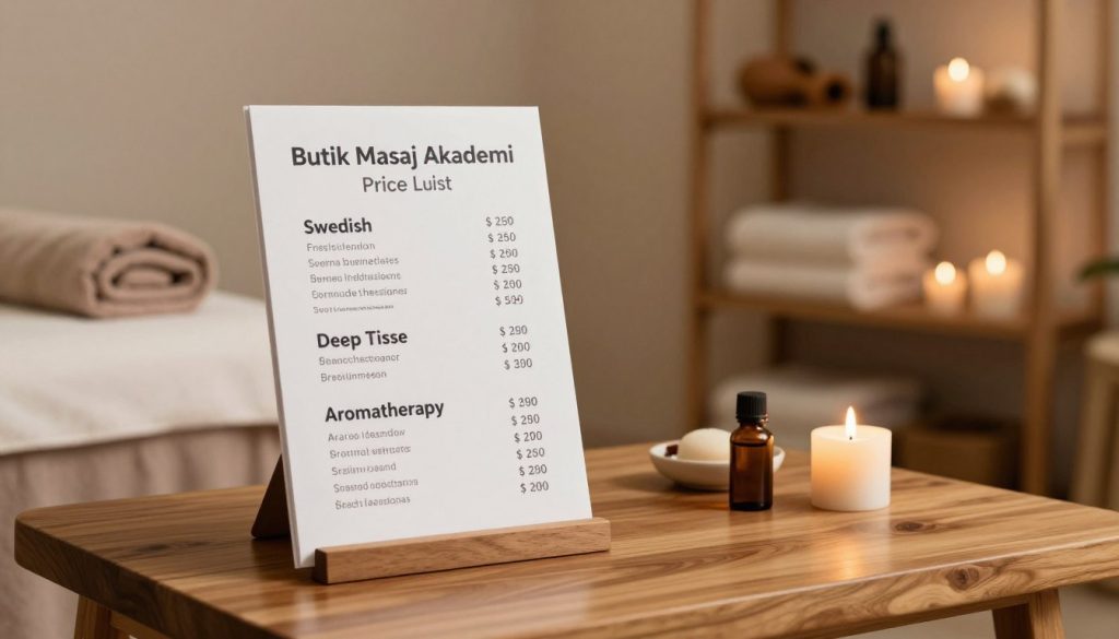 A serene and inviting massage therapy price list designed for a professional setting. In the foreground, a neatly arranged wooden table showcases a stylish, minimalist price list featuring various types of massage therapies, such as Swedish, Deep Tissue, and Aromatherapy, with their corresponding price ranges prominently displayed. The middle ground features a soothing spa environment with soft, ambient lighting, a calming color palette of earth tones, and elements like candles and essential oils. In the background, shelves with neatly organized massage tools and soft linens create a tranquil atmosphere. The mood is relaxing and professional, reflecting the essence of "Butik Masaj Akademi," intended for a company that emphasizes the quality of service. The image should be well-lit, captured at eye level to enhance viewer engagement.