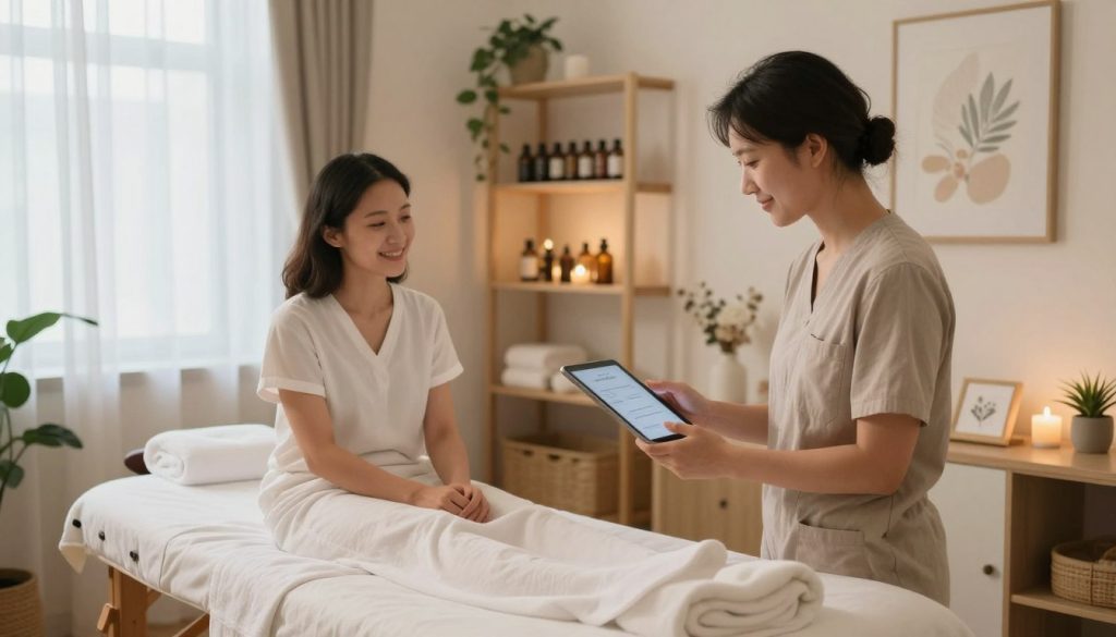 A serene and inviting massage therapy room, designed with calming colors and soft natural light filtering through sheer curtains. In the foreground, a professional-looking massage therapist is positioned, wearing modest casual clothing, reviewing a tablet with a satisfied client sitting comfortably nearby, both showing expressions of trust and relaxation. In the middle ground, shelves filled with essential oils, towels, and soft lighting create a cozy atmosphere. The background features a massage table adorned with clean linens and soothing decor like plants and gentle art. The overall mood is warm, welcoming, and professional, reflecting a high standard of service associated with "Butik Masaj Akademi," emphasizing the importance of references and testimonials in building trust with clients.