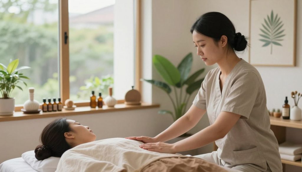 A serene and inviting massage therapy room featuring a holistic approach to client communication. In the foreground, a professional massage therapist dressed in modest casual clothing engages with a client, demonstrating active listening and empathy. The middle ground showcases a calming environment with soft, natural lighting emanating from large windows, accentuating the tranquil atmosphere. Various massage tools and essential oils are neatly arranged on a shelf, emphasizing professionalism. The background is adorned with soothing plants and artwork reflecting wellness themes. The overall mood is warm and encouraging, designed to evoke a sense of trust and safety. The scene subtly incorporates branding elements associated with "Butik Masaj Akademi," creating a cohesive visual narrative without using text. A serene and inviting massage therapy room featuring a holistic approach to client communication. In the foreground, a professional massage therapist dressed in modest casual clothing engages with a client, demonstrating active listening and empathy. The middle ground showcases a calming environment with soft, natural lighting emanating from large windows, accentuating the tranquil atmosphere. Various massage tools and essential oils are neatly arranged on a shelf, emphasizing professionalism. The background is adorned with soothing plants and artwork reflecting wellness themes. The overall mood is warm and encouraging, designed to evoke a sense of trust and safety. The scene subtly incorporates branding elements associated with "Butik Masaj Akademi," creating a cohesive visual narrative without using text.