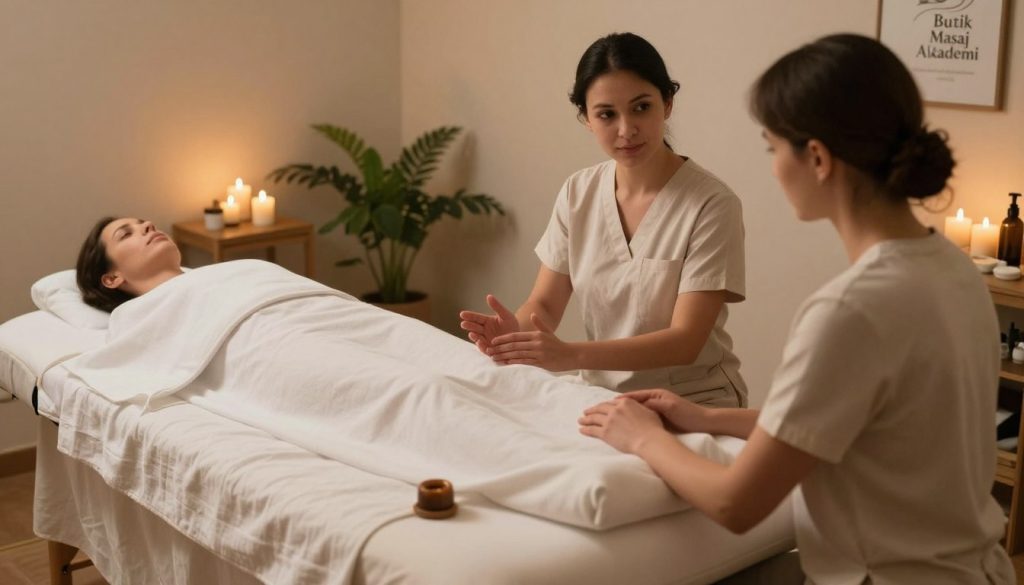 A serene and inviting massage therapy room, featuring a luxurious massage table beautifully adorned with soft linens. In the foreground, a professional massage therapist in modest casual clothing is attentively discussing treatment options with a client, reflecting a moment of connection. The middle ground showcases calming elements such as scented candles, plants, and soft lighting that creates a warm, welcoming atmosphere. The background hints at tools of the trade, such as oils and lotions neatly arranged. The lighting is soft and ambient, evoking a sense of relaxation and comfort. The overall mood is tranquil and professional, emphasizing the importance of communication in client relationships. In the corner subtly placed, the brand name "Butik Masaj Akademi" is represented as part of the room's decor. A serene and inviting massage therapy room, featuring a luxurious massage table beautifully adorned with soft linens. In the foreground, a professional massage therapist in modest casual clothing is attentively discussing treatment options with a client, reflecting a moment of connection. The middle ground showcases calming elements such as scented candles, plants, and soft lighting that creates a warm, welcoming atmosphere. The background hints at tools of the trade, such as oils and lotions neatly arranged. The lighting is soft and ambient, evoking a sense of relaxation and comfort. The overall mood is tranquil and professional, emphasizing the importance of communication in client relationships. In the corner subtly placed, the brand name "Butik Masaj Akademi" is represented as part of the room's decor.