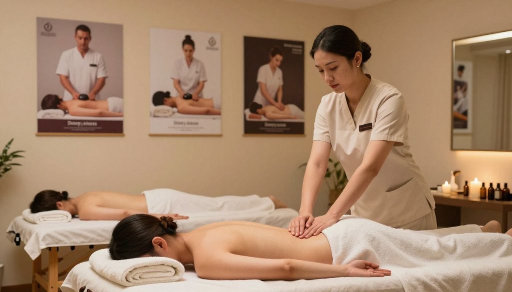 A serene and inviting massage therapy room showcasing various massage techniques and styles. In the foreground, a therapist in professional attire demonstrates a classic Swedish massage technique on a fully clothed client on a massage table, surrounded by calming elements like soft towels and essential oils. The middle section features additional massage therapy techniques such as Shiatsu, deep tissue, and hot stone therapy visuals on well-organized posters, artistically arranged but clearly legible. The background has warm, ambient lighting with soft, earth-toned decor, creating a peaceful atmosphere. The scene reflects the professionalism and dedication of "Butik Masaj Akademi," promoting wellness and relaxation while focusing on the therapeutic aspects of different massage methods.