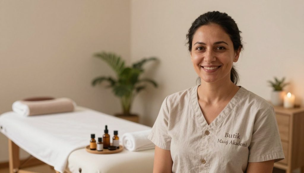 A serene and inviting massage therapy setting, featuring a professional massage therapist in modest casual attire, exuding warmth and confidence. The foreground highlights the therapist's welcoming smile as they stand against a softly lit backdrop filled with calming colors. In the middle, a well-organized massage table decorated with fresh towels and essential oils enhances the atmosphere of relaxation and care. The background includes soothing plants and ambient lighting that creates a tranquil feel. Capture this scene with a soft focus lens, emphasizing natural light that gently illuminates the therapist's face. The overall mood should convey professionalism, trust, and a sense of comfort, perfectly fitting for "Butik Masaj Akademi."