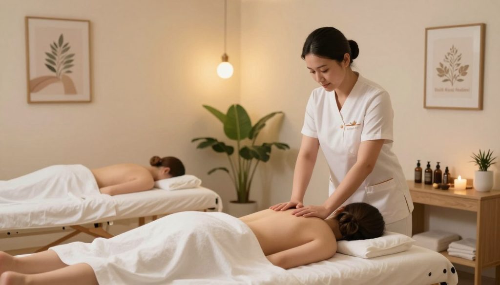 A serene and inviting massage therapy studio, emphasizing the career benefits of being a massage therapist. In the foreground, a massage therapist dressed in professional attire is skillfully demonstrating a treatment on a client lying comfortably on a massage table. In the middle, various tools and oils for massage therapy lay arranged neatly, showcasing professionalism. In the background, soft ambient lighting casts a warm glow throughout the room, with plants and calming artwork enhancing the atmosphere, reflecting relaxation and well-being. The overall mood is tranquil and inviting, symbolizing the rewarding nature of a career in massage therapy. The brand name "Butik Masaj Akademi" is subtly incorporated into the decor. Aim for a wide-angle shot to capture the entire scene with clarity.