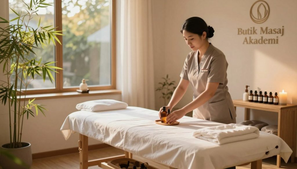 A serene and inviting massage therapy studio interior, showcasing a massage therapist in professional business attire, gently arranging massage oils. In the foreground, there are delicate, calming decorations like bamboo plants and soft lighting. The middle ground features a massage table adorned with fresh, clean linens, and essential oils displayed on a wooden shelf. In the background, large windows allow warm sunlight to filter in, creating a tranquil atmosphere with soft shadows. Mood lighting casts a peaceful glow, enhancing the soothing environment. The scene conveys a sense of professionalism and relaxation, emphasizing the importance of keyword strategy in promoting massage therapy services for "Butik Masaj Akademi". The angle captures the essence of the studio, inviting potential clients to envision their experience.