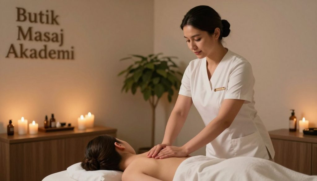 A serene and inviting massage therapy studio, showcasing a professional massage therapist demonstrating essential qualities for their role. In the foreground, a skilled masseuse in professional attire, demonstrating a confident posture and gentle yet focused expression while performing a massage technique on a client lying on a massage table. The middle ground features calming elements like soft candles, soothing essential oils, and a peaceful indoor plant, enhancing the tranquil atmosphere. In the background, warm ambient lighting creates a relaxed environment, with soft shadows playing on the walls. The overall mood is one of professionalism, tranquility, and healing energy, reflecting the essence of what it means to be a successful masseuse. Branding element: Butik Masaj Akademi subtly displayed on a wall.