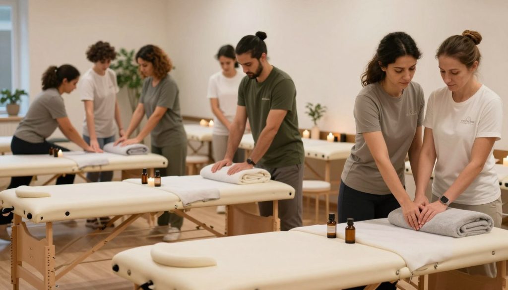 A serene and inviting massage therapy training environment, showcasing various specialization areas. In the foreground, a well-organized massage therapy room equipped with professional massage tables, essential oils, and soothing candles. In the middle ground, a diverse group of trainers and trainees in smart casual attire, engaged in a hands-on workshop, practicing techniques under their instructor's guidance. The background features calming soft lighting with hints of green plants, creating a tranquil atmosphere. The image should evoke a sense of professionalism and relaxation, perfect to illustrate the expertise required in this field. Additionally, include the brand name "Butik Masaj Akademi" subtly in the design. Use a soft focus lens effect to enhance the peaceful mood.