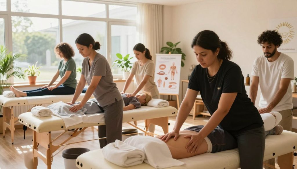 A serene and inviting massage training studio, bathed in warm, natural light filtering through large windows. In the foreground, a diverse group of professionals, dressed in smart casual attire, is engaged in a hands-on massage training session, demonstrating various techniques on comfortable massage tables. In the middle ground, instructional materials and anatomy diagrams are neatly displayed on a table, showcasing different massage styles. The background features calming decor with plants and soft colors that create a relaxing atmosphere. The overall mood is one of professionalism and learning. Include the brand name "Butik Masaj Akademi" subtly incorporated into the design of the studio environment, ensuring it enhances rather than distracts from the main focus of the image.