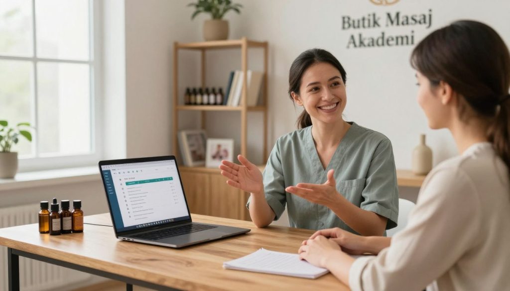 A serene and inviting office space dedicated to massage therapy client management, featuring a stylish wooden desk adorned with a laptop displaying a CRM system interface. In the foreground, a professional massage therapist in smart casual attire interacts with a client, showcasing effective communication strategies through a warm smile and engaging body language. The middle ground should depict shelves filled with aromatherapy oils and wellness literature, while a soothing color palette creates a calm atmosphere. In the background, a window allows soft, natural light to illuminate the room. The brand name "Butik Masaj Akademi" is elegantly integrated into the workspace décor. The overall mood should be professional yet welcoming, emphasizing the importance of client relations in the massage therapy business.