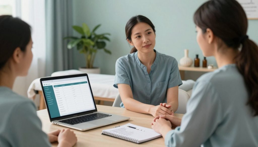 A serene and inviting office space designed for a massage therapy consultation. In the foreground, a neatly arranged desk features a laptop displaying a scheduling app and a notepad with key phrases for effective communication. A calming color palette of soft blues and greens enhances the atmosphere. In the middle, a professional massage therapist, dressed in modest casual attire, engages with a client, showing trust and comfort. The background reveals a softly lit room decorated with plants and massage therapy elements like essential oils and soft lighting, creating a tranquil environment. The mood is reassuring and professional, emphasizing the importance of establishing a confident connection through communication. The brand name "Butik Masaj Akademi" is subtly integrated into the visual elements, aligning with the overall theme.