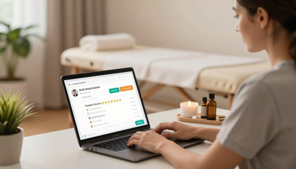 A serene and inviting scene featuring a professional massage therapist engaged in online marketing. In the foreground, a therapist in smart casual attire is seated at a well-organized desk, typing on a laptop. On the screen, customer reviews and ratings are visible, adding a sense of authenticity. The middle layer shows a soothing atmosphere with plants and calming colors, reinforcing relaxation. In the background, muted tones of a massage room display elements like soft towels and essential oils, enhancing the overall theme of wellness. Soft, diffused lighting creates a warm, welcoming glow, while the composition captures the essence of professional online engagement. Incorporate subtle branding elements of "Butik Masaj Akademi" to connect with the massage profession. The mood is positive and encouraging, emphasizing the value of online feedback.
