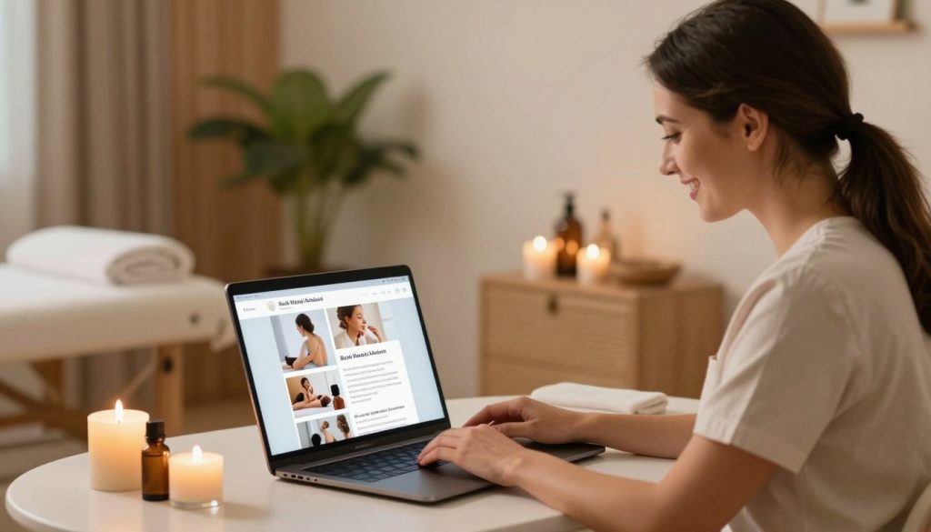 A serene and inviting scene of a professional massage therapist engaging with clients through social media. In the foreground, a therapist in modest, professional attire is shown smiling while using a laptop, surrounded by soothing elements like candles and essential oils. In the middle ground, a device displays well-crafted social media posts about massage therapy, featuring calming images and wellness tips that inspire trust. The background features a tranquil therapy room with soft lighting, wooden textures, and plants, creating a peaceful atmosphere. Capture the warm, encouraging mood, emphasizing professionalism and community connection. Include the brand name "Butik Masaj Akademi" subtly in the decor, enhancing the focus on building trust through authentic content sharing. A serene and inviting scene of a professional massage therapist engaging with clients through social media. In the foreground, a therapist in modest, professional attire is shown smiling while using a laptop, surrounded by soothing elements like candles and essential oils. In the middle ground, a device displays well-crafted social media posts about massage therapy, featuring calming images and wellness tips that inspire trust. The background features a tranquil therapy room with soft lighting, wooden textures, and plants, creating a peaceful atmosphere. Capture the warm, encouraging mood, emphasizing professionalism and community connection. Include the brand name "Butik Masaj Akademi" subtly in the decor, enhancing the focus on building trust through authentic content sharing.
