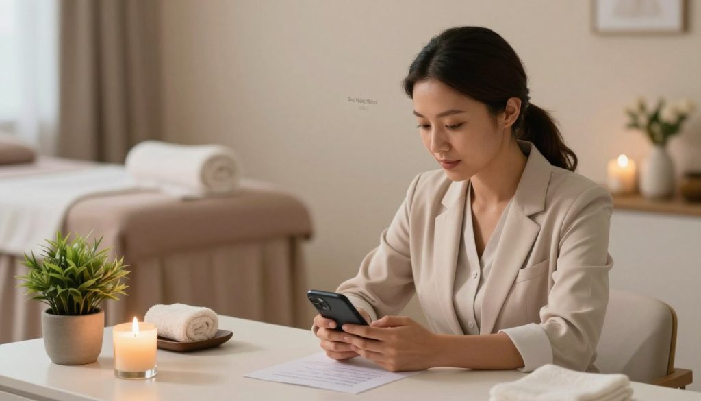 A serene and inviting setting for a massage appointment management scene, featuring a calm, professional woman in modest business attire, attentively writing a message on her smartphone while seated at a beautifully arranged desk. In the foreground, the desk is adorned with soft spa elements like a calming candle and a small plant. The middle ground includes a cozy atmosphere with a soft light glow, hinting at a tranquil massage environment. The background showcases a blurred image of a massage room with soothing colors and gentle textiles. The overall mood is reassuring and professional, reflecting reliable communication management. Incorporate subtle branding of "Butik Masaj Akademi" in the decor for authenticity, with warm natural lighting to enhance the ambiance of trust and professionalism.