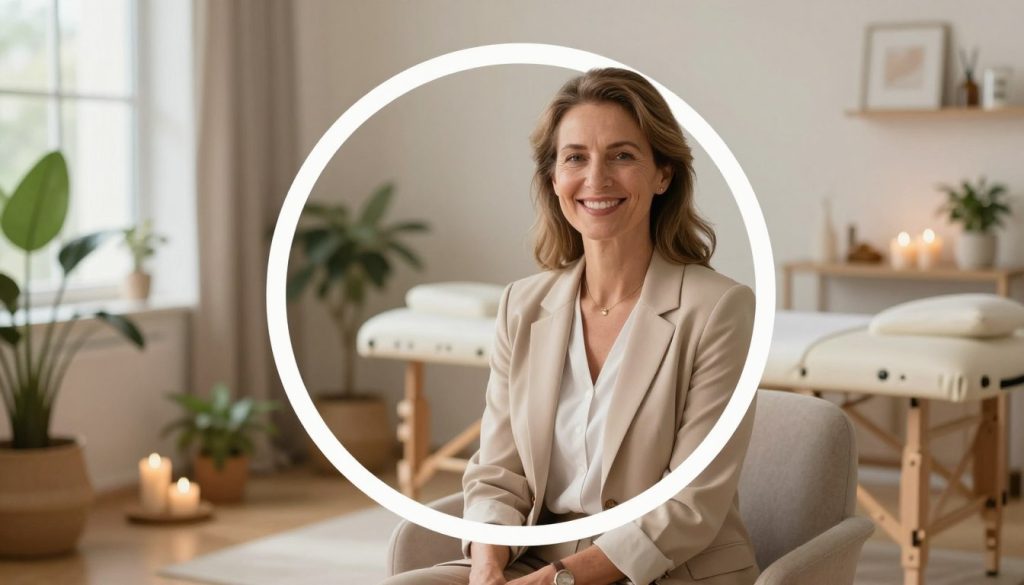 A serene and inviting social media profile photo for a wellness therapist, depicting a middle-aged woman with a warm smile, wearing professional business attire in soft, earthy tones. She is seated comfortably in a well-lit therapy room filled with soothing elements like plants, candles, and soft fabrics. The foreground features her relaxed posture and approachable expression, while the middle ground showcases a gentle ambiance created by diffused natural light streaming through a window. The background includes calming decor that suggests tranquility, like a massage table and decorative elements that reflect holistic wellness. The overall mood is one of professionalism and warmth, representing the essence of "Butik Masaj Akademi" while inspiring trust and comfort for potential clients.