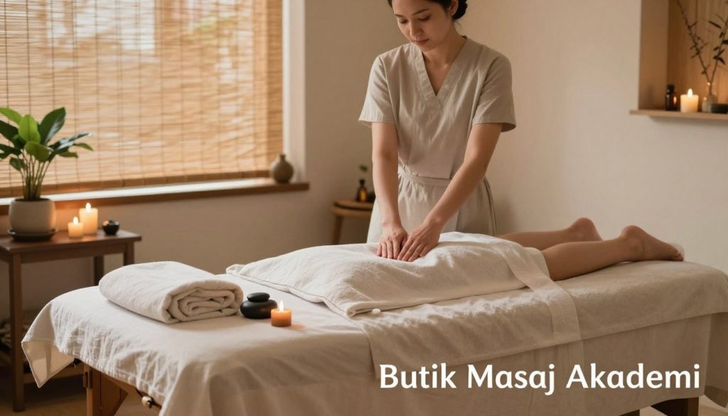 A serene and inviting spa environment featuring a massage therapy setup. In the foreground, a well-organized massage table is adorned with soft, neutral-colored linens and surrounded by soothing elements like warm stones, essential oils, and a decorative plant for tranquility. In the middle ground, a professional masseuse, dressed in modest casual clothing, demonstrates a relaxation technique, showcasing a calm demeanor and expert posture. The background features a softly lit room with warm, natural lighting coming from bamboo blinds, enhancing the peaceful ambiance. Subtle details like candles and gentle water features add to the tranquil mood. At the bottom corner, the brand name "Butik Masaj Akademi" is creatively integrated into the scene without text overlays. The atmosphere embodies professionalism and relaxation, perfect for conveying information about massage services.
