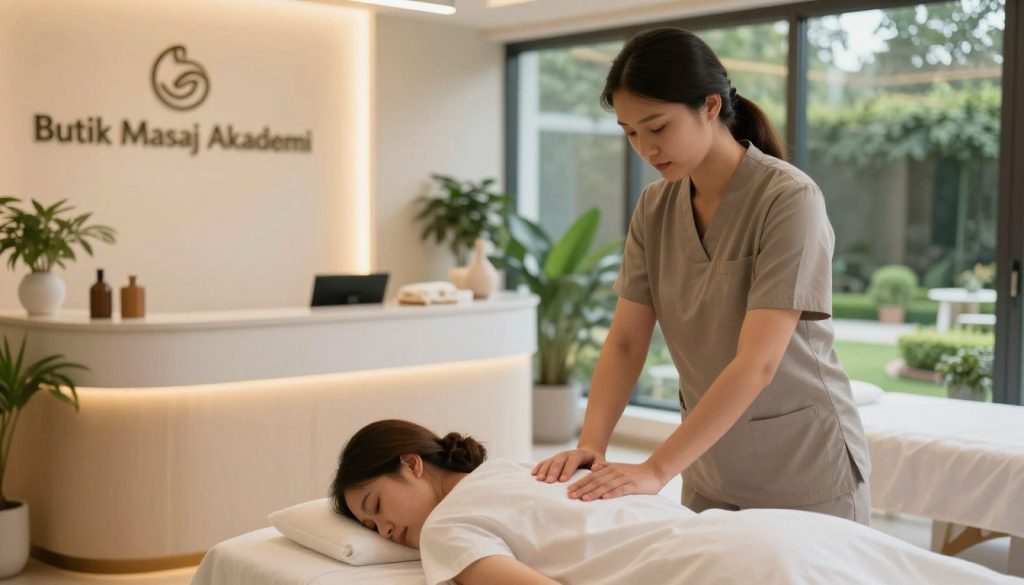 A serene and modern spa environment illustrating service process improvements to enhance customer satisfaction. In the foreground, a professional therapist in modest casual clothing interacts with a satisfied client receiving a massage, showcasing attentiveness and care. In the middle, highlight a clean and well-organized reception area with soothing colors, plants, and calming decor that promotes relaxation. In the background, incorporate a soft, warm light filtering through large windows with a tranquil garden view, creating an inviting atmosphere. The overall mood should reflect professionalism and comfort, emphasizing the brand "Butik Masaj Akademi" through subtle branding elements, like decorative items. Use a slightly angled perspective to provide depth and engagement in the image composition. Ensure a safe for work representation that embodies the essence of customer-oriented service improvements.