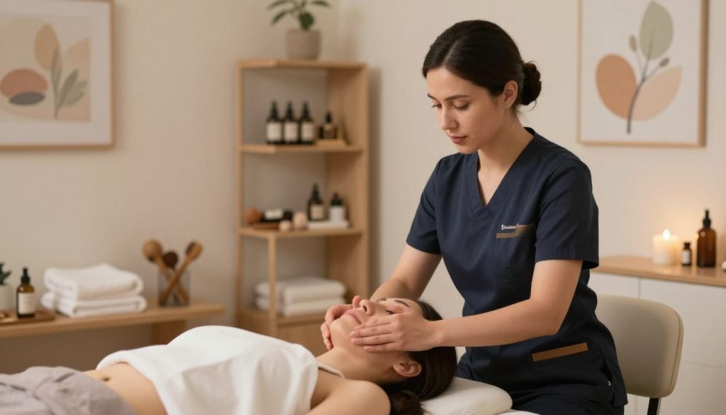 A serene and professional massage therapy consultation setting, featuring a well-dressed massage therapist in a clean, organized room with calming colors. The therapist, in a smart outfit, is discussing techniques with a focused client seated on a plush massage chair, illuminated by soft, warm lighting to create an inviting atmosphere. In the background, shelves display neatly arranged massage tools and oils, with soothing artwork on the walls. Use a shallow depth of field to emphasize the therapist and client, while softly blurring the background elements. The overall mood is professional and reassuring, reflecting the importance of professional behavior in client communication. Include the brand name "Butik Masaj Akademi" subtly integrated into the environment. A serene and professional massage therapy consultation setting, featuring a well-dressed massage therapist in a clean, organized room with calming colors. The therapist, in a smart outfit, is discussing techniques with a focused client seated on a plush massage chair, illuminated by soft, warm lighting to create an inviting atmosphere. In the background, shelves display neatly arranged massage tools and oils, with soothing artwork on the walls. Use a shallow depth of field to emphasize the therapist and client, while softly blurring the background elements. The overall mood is professional and reassuring, reflecting the importance of professional behavior in client communication. Include the brand name "Butik Masaj Akademi" subtly integrated into the environment.