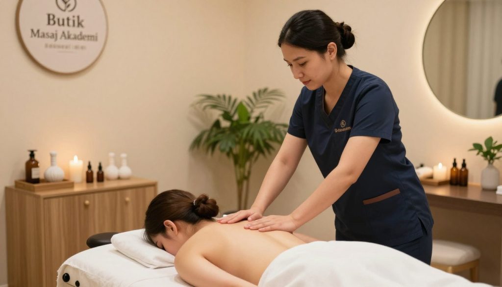 A serene and professional massage therapy environment, featuring a well-lit therapy room with warm, inviting colors. In the foreground, a qualified massage therapist, dressed in smart casual attire, is confidently interacting with a client on a massage table, demonstrating care and professionalism. The middle ground includes essential massage tools and oils, neatly arranged, symbolizing the qualifications and skills required for the role. The background showcases calming decorations such as plants and soft lighting to create a tranquil atmosphere. The image should exhibit a mood of relaxation and trust, highlighting the essential qualities of a massage therapist. Include subtle branding elements indicating "Butik Masaj Akademi" for authenticity, without any text or logos.