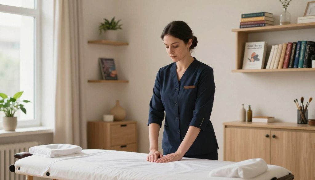 A serene and professional massage therapy room, beautifully organized to reflect ethical principles and professional standards. In the foreground, a skilled massage therapist, wearing smart business attire, stands confidently beside a massage table, demonstrating a posture of care and professionalism. The middle ground features shelves lined with reference books about ethics in massage therapy, including a visible title “Butik Masaj Akademi.” In the background, a calming ambiance is created with soft, natural lighting streaming through a window, and plants adding a touch of tranquility. The overall mood is one of trust and professionalism, perfectly suited to illustrate the ethical rules in massage therapy. The composition captures the essence of integrity and professionalism in the field.