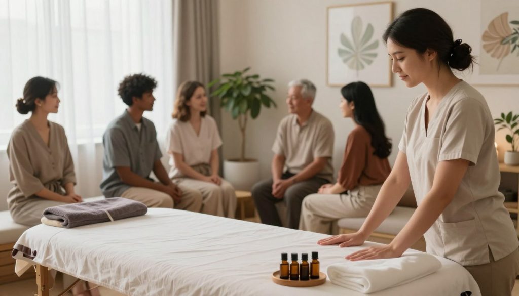A serene and professional massage therapy setting designed for client engagement. In the foreground, a skilled female massage therapist in modest casual clothing attentively prepares the massage table with fresh linens and aromatic essential oils. In the middle ground, a diverse group of potential clients, ranging from young adults to middle-aged individuals, interact warmly, discussing their needs and preferences. Soft, natural light filters through sheer curtains, enhancing the calming atmosphere. The background features elegant decorations, including plants and soothing artwork, creating a tranquil environment. Capture this scene with a warm color palette to convey a sense of relaxation and professionalism, highlighting the brand name "Butik Masaj Akademi" subtly in the décor.