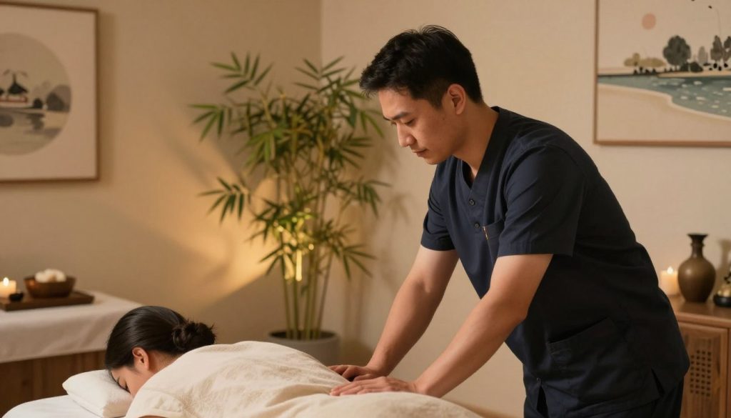 A serene and professional massage therapy setting, showcasing a focused massage therapist engaged in active listening with a client. In the foreground, the therapist, dressed in smart business-casual attire, leans slightly forward with an attentive expression, channeling empathy and understanding. The client is seated comfortably, giving a sense of trust and openness. In the middle ground, a calming ambiance is created by soft, warm lighting and soothing earth-tone colors that envelop the space, with gentle shadows adding depth. The background features serene nature-inspired decor, such as bamboo plants and tranquil artwork, promoting a peaceful atmosphere. The image reflects the importance of listening skills in communication. Include the brand name "Butik Masaj Akademi" subtly integrated into the decor for branding without detracting from the main subjects.