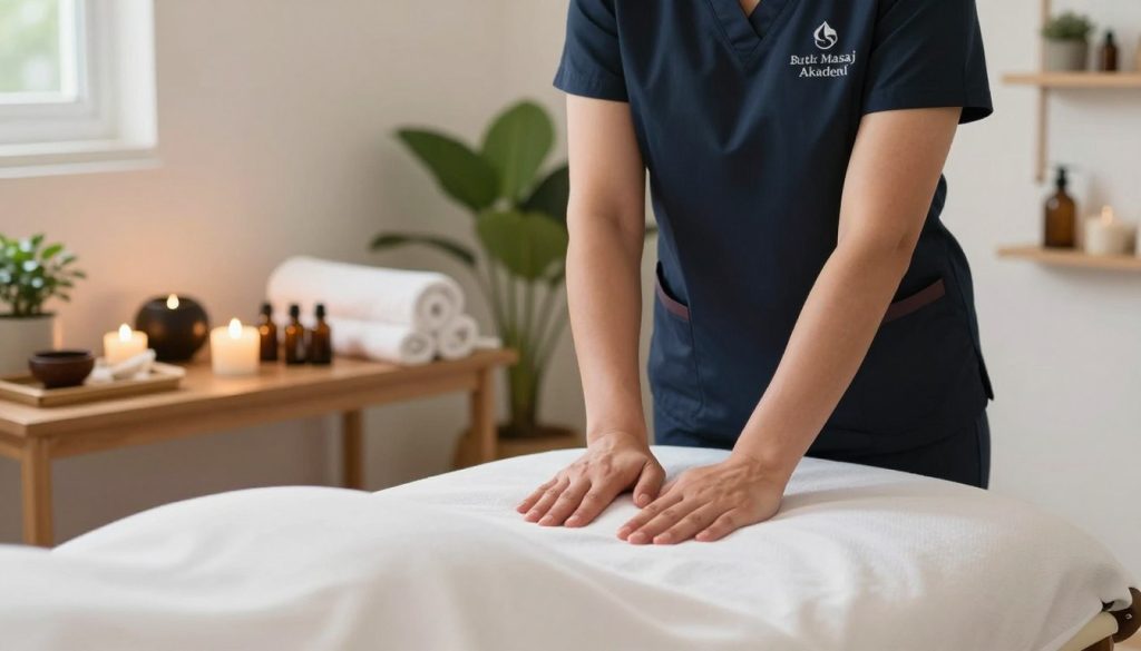 A serene and professional massage therapy setting, showcasing a massage therapist in a clean, well-lit treatment room. In the foreground, the therapist, dressed in smart casual attire, is demonstrating proper techniques on a massage table, with a focus on their hand movements. In the middle ground, essential oils, towels, and relaxing music instruments are neatly arranged to emphasize the therapeutic environment. The background features calming elements like soft green plants and ambient lighting, creating a tranquil atmosphere. The visual highlights the core responsibilities of a massage therapist, including professionalism and ethical boundaries, emblematic of the principles taught at "Butik Masaj Akademi." The composition conveys a mood of relaxation and trust, with soft, natural lighting inviting viewers into a peaceful space.