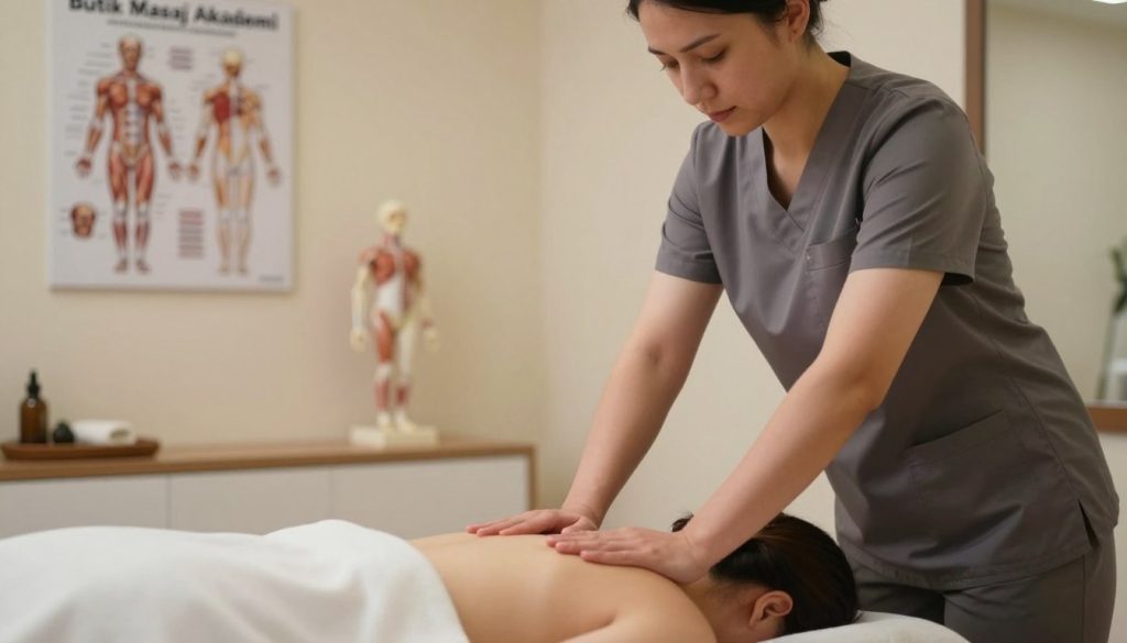 A serene and professional massage therapy setting, showcasing a skilled massage therapist demonstrating their techniques, focused on anatomy knowledge and hands-on skills. The foreground features the therapist in modest professional attire, gently working on a client lying on a massage table, highlighting proper posture and hand placement. In the middle ground, anatomical charts and model figures displaying muscle and skeletal systems are tastefully arranged. The background includes soft lighting to create a calming atmosphere, with warm tones that evoke a sense of relaxation and trust. Use a slightly blurred depth of field for a professional photography style, ensuring the scene is composed and inviting, representing "Butik Masaj Akademi" as a center for learning and expertise in massage therapy.