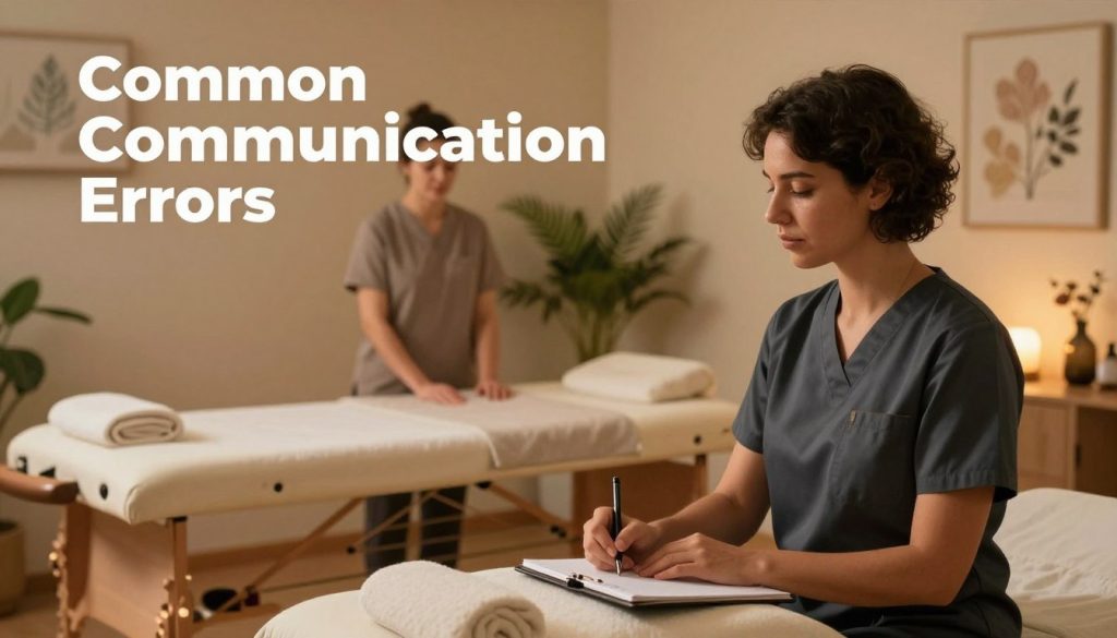 A serene and professional massage therapy setting showcasing two therapists communicating with each other. In the foreground, one therapist, dressed in a smart-casual outfit, listens attentively while taking notes, reflecting an atmosphere of focus and understanding. In the middle ground, a massage table with soft linens and soothing therapy tools is visible, enhancing the ambience of relaxation. The background features warm, ambient lighting and calming wall colors, with plants and calming artwork adding to the tranquility of the space. The focus is on the importance of clear communication, illustrated through the therapists' engaged body language without any text or distractions. This scene reflects the theme "Common Communication Errors" for a professional article by "Butik Masaj Akademi".