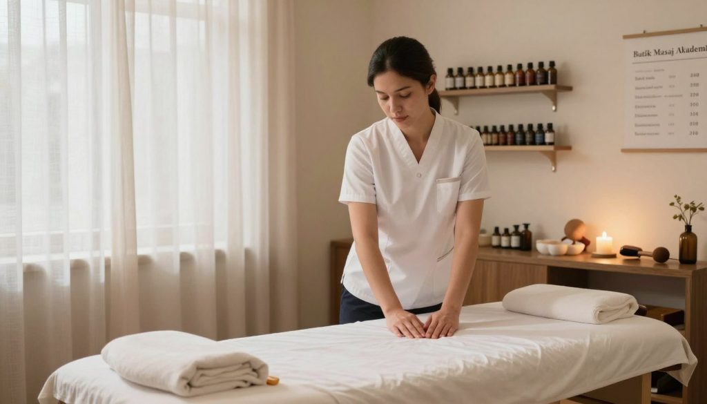 A serene and professional massage therapy studio scene, featuring a skilled massage therapist in a crisp white shirt and dark pants, preparing the space for a session. The therapist stands beside a massage table, adorned with soft, clean linens. In the background, shelves display an array of essential oils and massage tools, hinting at the diverse techniques offered. The lighting is warm and calming, filtering through soft linen curtains, creating a tranquil atmosphere. The focus is on the level of professionalism and expertise, with a visual representation of different pricing tiers displayed subtly on a nearby wall. The room exudes a sense of peace and inviting ambiance, reflecting the essence of "Butik Masaj Akademi."