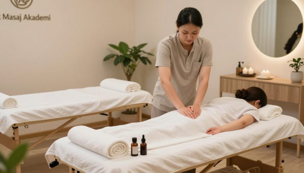 A serene and professional massage therapy studio setting, showcasing the importance of location factors in determining massage costs. In the foreground, a well-equipped therapy table with neatly arranged towels and oils, emphasizing cleanliness and professionalism. In the middle ground, a skilled therapist in modest casual clothing provides a massage to a client, reflecting trust and comfort. The background features a peaceful ambiance, with soft lighting and calming colors, accented by plants and soothing decor. The atmosphere should evoke a sense of relaxation and professionalism, ideal for a massage academy. Incorporate the brand name "Butik Masaj Akademi" subtly in the decor. The image should be captured from a slightly elevated angle to provide a comprehensive view, ensuring it remains Safe For Work. A serene and professional massage therapy studio setting, showcasing the importance of location factors in determining massage costs. In the foreground, a well-equipped therapy table with neatly arranged towels and oils, emphasizing cleanliness and professionalism. In the middle ground, a skilled therapist in modest casual clothing provides a massage to a client, reflecting trust and comfort. The background features a peaceful ambiance, with soft lighting and calming colors, accented by plants and soothing decor. The atmosphere should evoke a sense of relaxation and professionalism, ideal for a massage academy. Incorporate the brand name "Butik Masaj Akademi" subtly in the decor. The image should be captured from a slightly elevated angle to provide a comprehensive view, ensuring it remains Safe For Work.