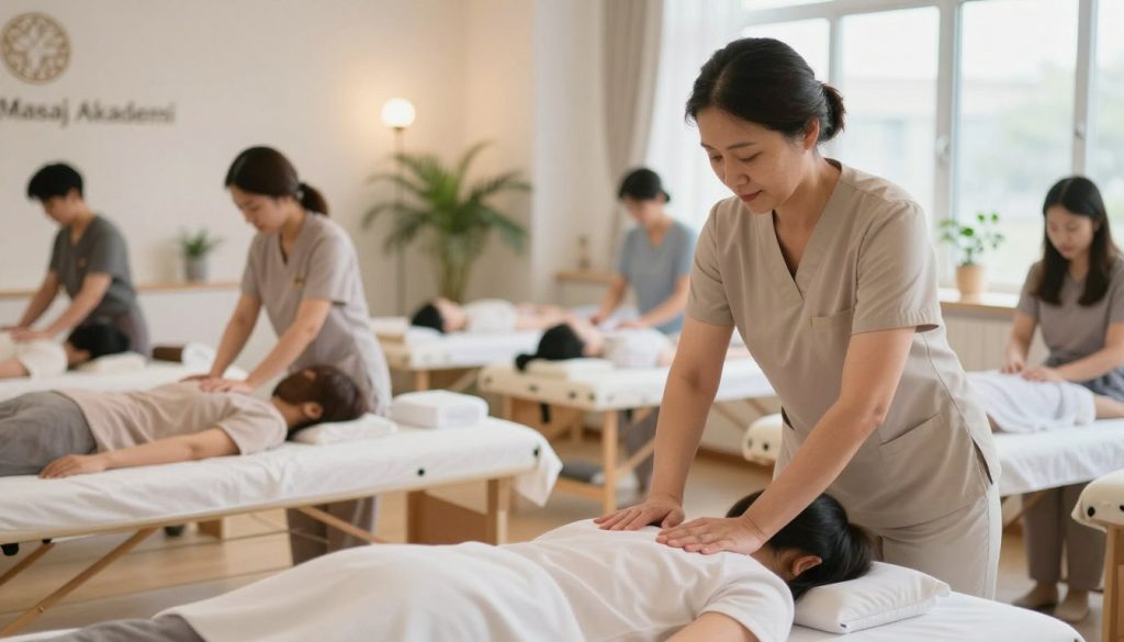 A serene and professional massage training environment in a bright, softly lit room. In the foreground, an instructor demonstrates massage techniques on a client, both dressed in modest, professional attire. The instructor, a middle-aged person with a warm demeanor, focuses intently on proper hand placement and pressure application. In the middle ground, several students observe closely, taking notes and practicing techniques on massage tables lined with clean, white linens. The background features calming decorations like plants and soft lighting, creating a tranquil atmosphere. Natural light filters through large windows, enhancing the focus on the learning experience. This scene reflects the essence of "Butik Masaj Akademi" and embodies professionalism in massage therapy training.