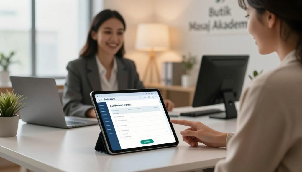 A serene and professional office environment showcasing the advantages of an appointment confirmation system. In the foreground, an elegant desk is adorned with a digital tablet displaying a user-friendly scheduling interface, highlighting the benefits of the confirmation system, such as improved organization and time management. In the middle ground, a smiling businesswoman in professional attire interacts with a client, emphasizing the importance of communication and trust in service appointments. The background features calming, soft lighting filtering through large windows, creating a friendly atmosphere. A subtle branding element of "Butik Masaj Akademi" is integrated into the decor. The overall mood is reassuring and efficient, reflecting a well-organized business environment dedicated to customer satisfaction.