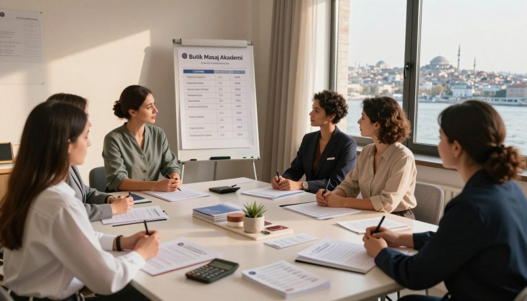 A serene and professional setting for a massage therapy training course in Istanbul, featuring a well-organized classroom with detailed visual elements illustrating course fees and scholarship opportunities. In the foreground, a diverse group of five students in professional attire, focused on a presentation board detailing "Butik Masaj Akademi" and course costs. The middle ground shows a large table with course materials, brochures, and calculators, emphasizing pricing structures. The background showcases city-inspired aesthetics, such as a window with a view of Istanbul's skyline, bathed in warm sunlight. Capture a calm and inviting atmosphere, with soft, natural lighting and a slight depth of field to draw attention to the foreground details.